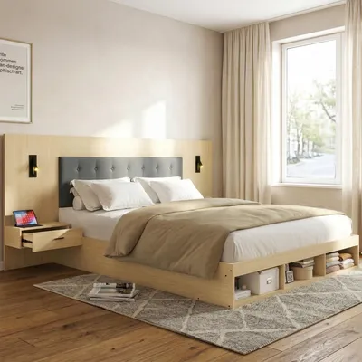Produktbild von MODFU Doppelbett holzbett 180x200 mit 2 Nachttische Jugendbett mit Leselampe und Stauraumfach Funktionsbett Bettgestell mit USB und Type-C-Ladestation ohne Matratze Eichenholz