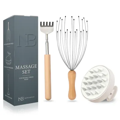 Produktbild von Novabeau 3-teiliges Massage-Set Rückenkratzer ausziehbar-Kopfmassagegerät & Kopfhaut-Massagebürste-Kopfhaut-Massagegerät-langlebige Silikon-Haarbürst