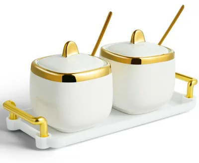 Produktbild von 2 Stück Keramik Zuckerdose mit Tablett, Löffel und Deckel für Zucker, Pfeffer, Kaffee, Gewürze, Salz (Gold)