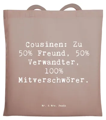 Produktbild von Mr. & Mrs. Panda Baumwollbeutel Spruch Cousin Mitverschwörer - Braun Pastell - Geschenk, handgemacht, Shopping Tasche, Tragetasche, Jubiläen, Verwandtschaft, Laptoptasche