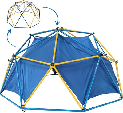 A geodesic dome climber with a blue tent attachment, shown from a low angle against a white background. An inset image shows the frame of the climber without the tent.