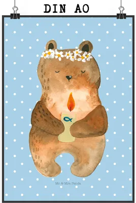 Produktbild von Mr. & Mrs. Panda Bild Bär Kommunion DIN A0 - Blau Pastell - Geschenk, Katholisch, Kunstdruck, drucke, Teddy, Wandbild, Gottes Segen, wanddeko, Taufkerze