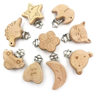 Produktbild von 9 Stück Holz Schnullerclips Set, Schnullerketten Clip, Schnuller Halter für Neugeborene
