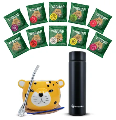 Produktbild von Yaguar - Mate Tee Set 10x50g Probe - LED Thermoskanne 480ml - Mate Becher Keramik Gatito 300ml - Bombilla - Korkuntersetzer - Brasilien