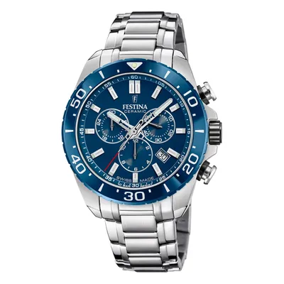 A men's wristwatch with a blue dial and silver metal band.