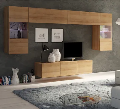 Produktbild von Wohnzimmer TV-Wand Set in Eiche Gold Nb. mit LED Beleuchtung CAIRNS-132, B/H/T ca. 220/200/43 cm