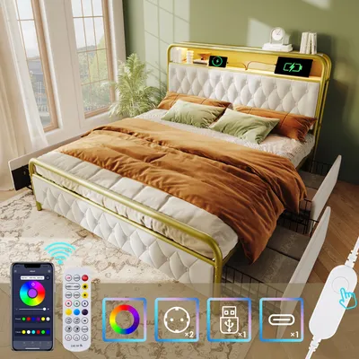 Produktbild von Flieks Polsterbett 140x200cm mit Ladenfunktion Stauraumbett Jugendbett Doppelbett mit Schubladen & LED, Metallbett Funktionsbett Kinderbett, Samt Weiß