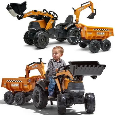 Immagine prodotto di Trattore FALK Case IH con escavatore anteriore, arancione, con rimorchio e benna mobile, per bambini dai 3 ai 7 anni