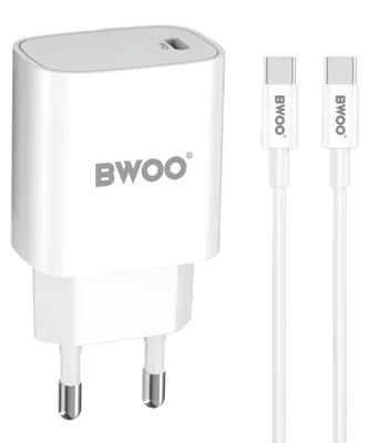 Image de Bwoo, chargeur USB-C 20W avec câble Power Delivery 60W, blanc