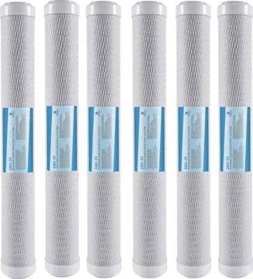 Six identical water filter cartridges are lined up against a white background.