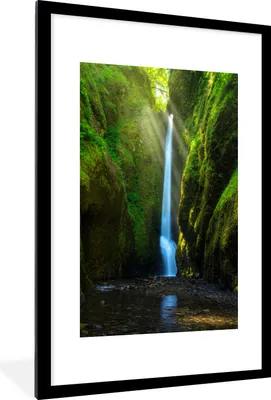 Produktbild von MuchoWow® MuchoWow® Gerahmtes Poster Wasserfall - Sonne - Grün 60x90 cm - Poster mit zchwarzem Bilderrahmen - Dekoration - Wandposter Wohnzimmer - Hochwertig