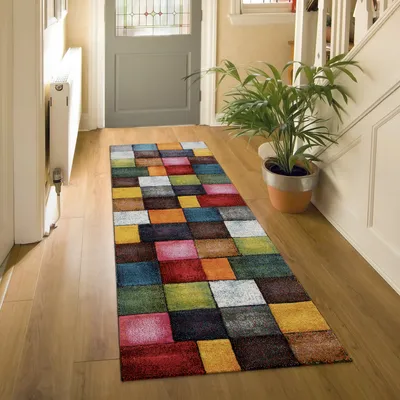 Produktbild von Kurzflor Wohnzimmer Teppich Bunt Karo Design Vierecke Mehrfarbig Farbenfroh