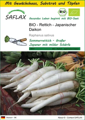 Produktbild von SAFLAX Anzucht Set - BIO - Rettich - Japanischer Daikon - Raphanus sativus - 100 Samen - Mit Mini-Gewächshaus, Anzuchtsubstrat und 2 Töpfen