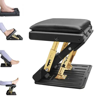 Image de Support de pieds pour voiture et bureau - Repose-pieds réglable - Réglage de la hauteur sur 4 niveaux - Pliable - Coussin amovible - Revêtement en similicuir rembourré - Structure en métal