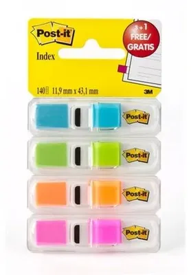 Obrázok produktu pre Záložky v dávkovači, plastové, 4x35 listov, 12x43 mm, 3M POSTIT, živé farby
