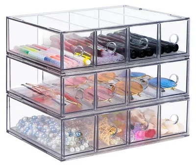 Image de Organisateur de tiroir 3 pièces - Empilable - Organisateur de bureau - Boîte de rangement - 12 compartiments