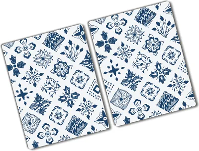 Produktbild von Tulup Glas Herdabdeckplatte - 2x40x52 cm - Glaskeramikkochfeld-Abdeckung Spritzschutz Glasabdeckplatte Kochplattenabdeckung und Schneidebrett - Zweiteilig - Blumen & Pflanzen - Blumenmuster - Blau