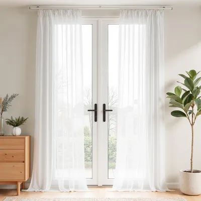 Productafbeelding van Gordijnen met plooiband 245 x 140 cm, set van 2, voile, wit, voor woonkamer