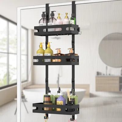 Productafbeelding van Doucheplank om op te hangen - 3-delig - Doucheplank zonder boren - Met 2 zuignappen - 6 haken en ovale gaten - Ijzeren badkamerorganizer - 78 cm