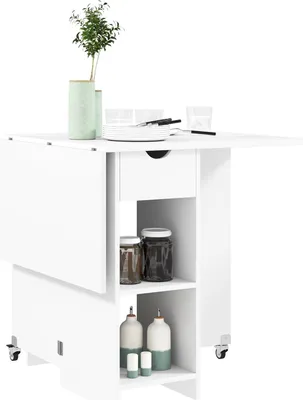 Produktbild von Klappbarer Esstisch Mobiler Küchentisch für 2-4 Personen mit Offenen Ablagen, 1 Schublade, Klapptisch für Kleine Räume, Esszimmer 114,5 x 70 x 75 cm, Weiß
