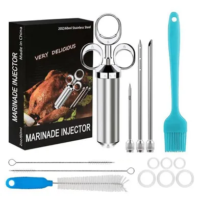 Produktbild von Fleischinjektor Edelstahl Set, Marinadenspritze BBQ mit 3 Nadeln, 2oz, für Grill Smoker Truthahn Rind, inkl Bürste & Reinigungsset