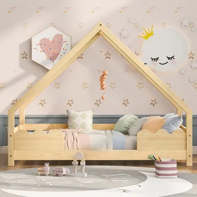 Produktbild von Kinderbett mit Rollrost, 90x200 cm, Holzbett aus Kiefer, Einzelbett, Jugendbett, Hausbett