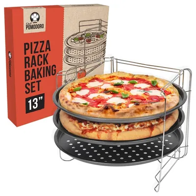 Zdjęcie produktu dla Zestaw do pizzy - 3 blachy do pizzy - Ø 33 cm - Nieprzywierające - Z stojakiem