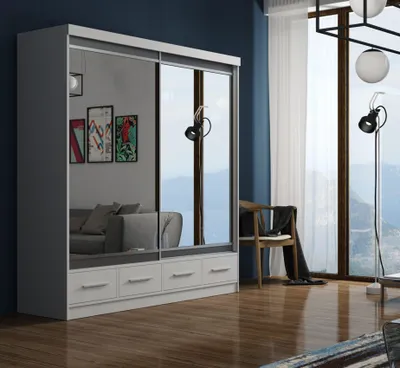 Produktbild von Krudox MAR Kleiderschrank Weiss 200x216x62 cm Schiebetürenschrank mit Spiegel Grau Lacobel 4 Schubladen Kleiderstange Schlafzimmer