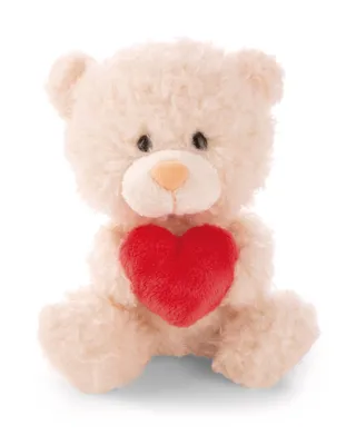 A plush teddy bear holding a red heart, isolated on a white background.