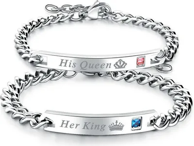 Produktbild von 2er Set Luxus Partnerarmband Armband Silber "Her King - His Queen" Edel Gravur Armkette