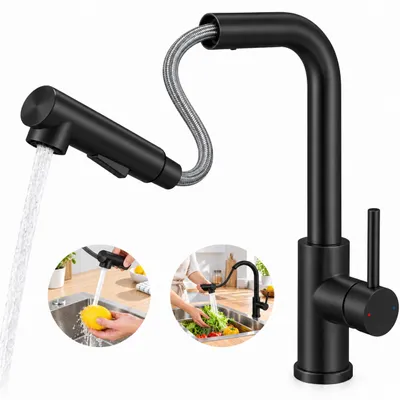 Produktbild von LynkCust Küchenarmatur mit Ausziehbrause, Edelstahl 304 Mattschwarz, 360° Schwenkbar, 2 Strahlarten, KI-generiertes Bild