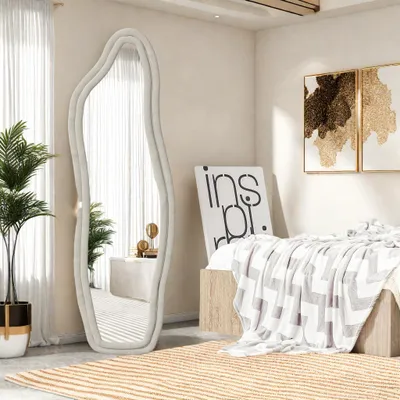 Immagine prodotto di Specchio a figura intera, 160x50 cm, specchio organico con rivestimento in flanella, da montare a parete, da appendere o da posizionare a terra, specchio da terra bianco
