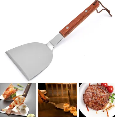 Produktbild von Küchenwender Kochspatel,Steakspatel,Edelstahl Grillspatel mit Holzgriff,Spatel, Spachtel,Teppanyaki Spatel,Grillspachtel,228×81mm