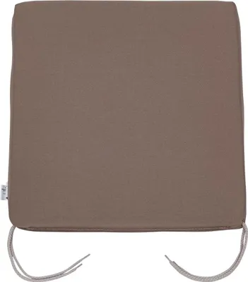 A taupe seat cushion with ties on a white background.