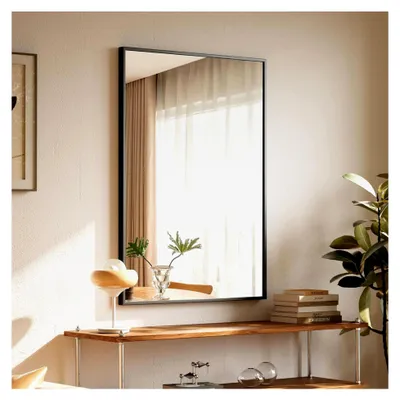 Produktbild von Rechteckiger Wandspiegel 81x61cm mit schwarzem Aluminiumrahmen, bruchsicherer Spiegel für Bad, Schlafzimmer und Wohnzimmer