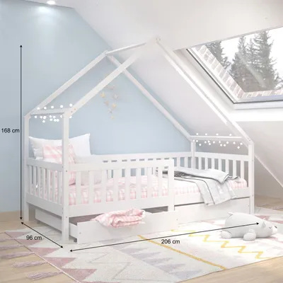 Produktbild von Hausbett ALVA aus Kiefer Massivholz, weiß - Kinderbett mit Dach, Tipibett mit Schubladen, Kinderzimmer Bett, Bodennahes Bett Montessori, ideal für Dachschrägen