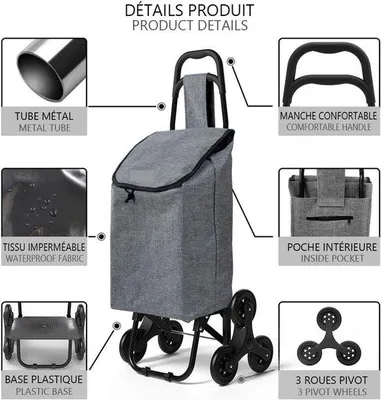 Produktbild von Famanu Einkaufstrolley mit 6 Rädern, wasserfestem Fach, faltbar, 2-in-1, Oxford-Tasche, grau