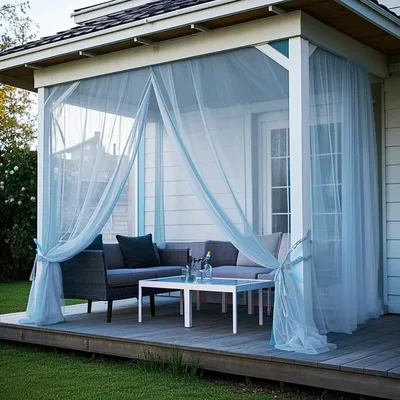 Produktbild von 2er Set Außen Vorhang Voile Stangentasche Moskitonetz Fliegengitter Insektenschutz Gardinen für Pavillon Terrasse Hof Garten, B160xH305cm, Blau