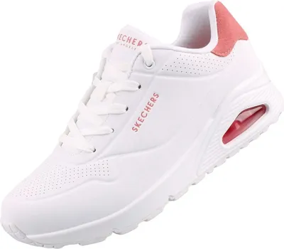A white Skechers sneaker with pink accents is shown against a white background.