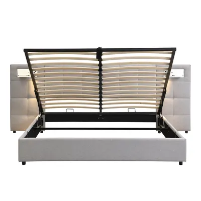 Produktbild von Flieks Polsterbett 180x200cm mit Ladefunktion (USB&Kabelloses Laden), Hydraulisches Stauraumbett Doppelbett Boxspringbett mit Lampe, Leinen, Grau