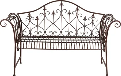 A brown metal garden bench with ornate detailing.