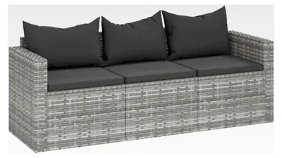 Produktbild von Gartensofa für 3 Personen, Sofa mit 3 Sitzkissen und 3 Rückenkissen, Couch für den Außenbereich, Relaxsofa in Grau aus Poly Rattan