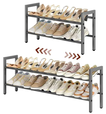 Immagine prodotto di Scaffale per scarpe in metallo, 2 ripiani, estraibile, grigio, regolabile, salvaspazio