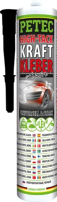 A product shot of a black sealant cartridge with a nozzle, featuring prominent branding and product information.