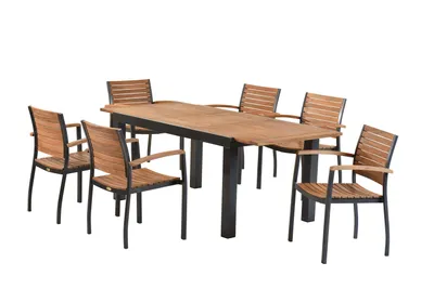 Produktbild von Merxx Gartenmöbel Set Santorin 7tlg., 6 Stapelsessel, Ausziehtisch 150 (200) x 90 cm- Aluminium/Akazie