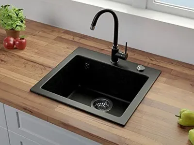 Produktbild von VBChome Spülbecken mit Armatur 50 x 47 cm Schwarz Granit Spüle Einzelbecken Küche Einbauspüle Verbundspüle Küchenspüle Gesprenkelt Spülbecken Siphon Armatur