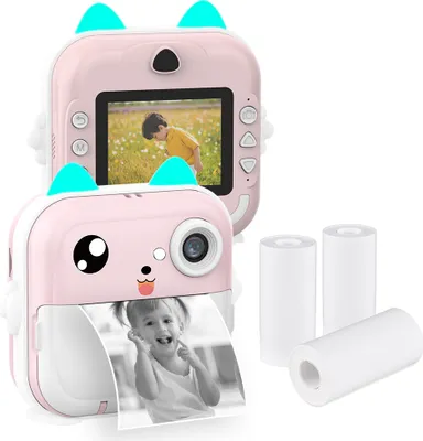 Produktbild von Tragbare Kinder-Sofort-Thermodruck-Kinderkamera, 2,4-Zoll-Bildschirm, Digitalkamera, Foto-Selfie, HD-Video, thermischer tintenloser Druck mit 3 Rollen weissem Druckpapier, Lernspielzeug, Geburtstagsgeschenk fuer Maedchen, Jungen, Urlaubsreisen