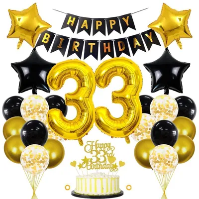 Image de Kit de décoration pour anniversaire, noir et or, 33 pièces : ballons, guirlande, décoration pour gâteau