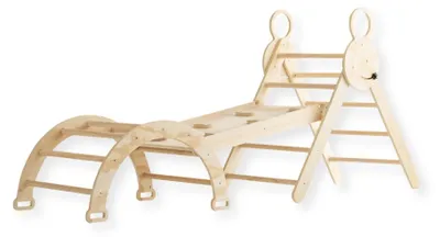 Zdjęcie produktu dla Buxibo Mini drabinka wspinaczkowa - Drewniany łuk wspinaczkowy ze zjeżdżalnią i rampą - Sprzęt do zabawy Montessori do wnętrz - 176x47x82 cm - Naturalny