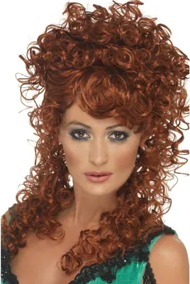 A woman wearing a wig and a green top.